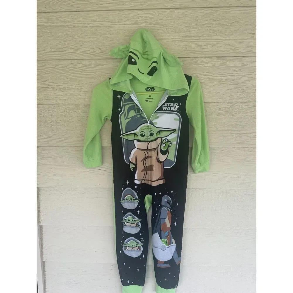Star Wars The Mandalorian Grogu Baby Yoda Hooded Fleece Onesie Pajamas - Size 6